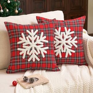 NWT 2pc - 18" Tartan Plaid Flannel Square Snowflake Throw Pillow Covers In Red